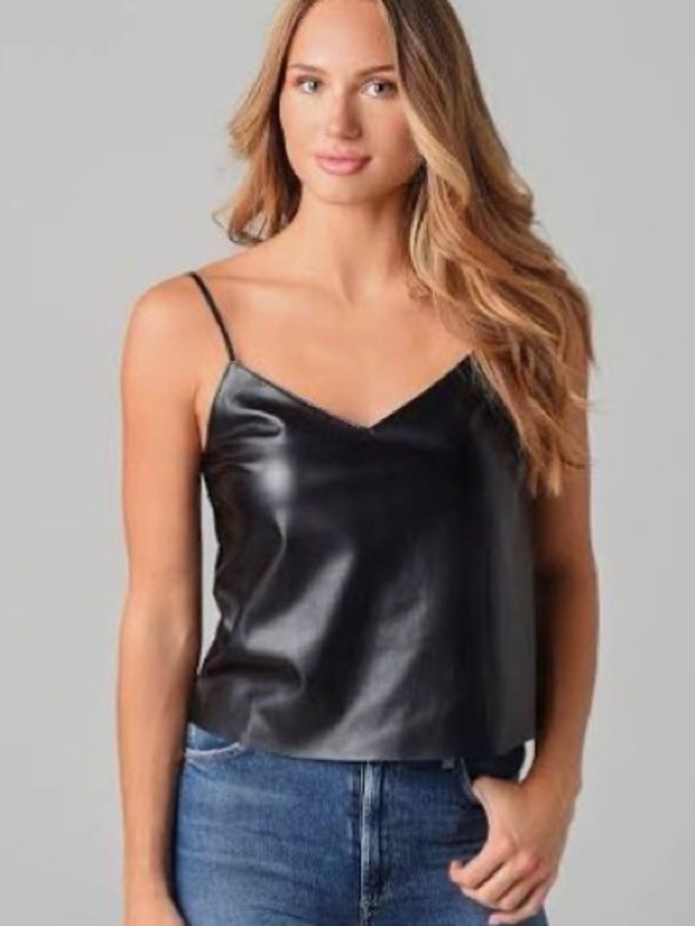 BB Dakota Black Faux Leather V-Neck Cami Top